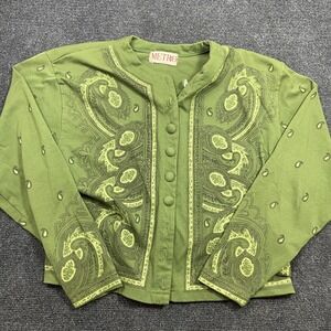 Vintage Metro Button Up Crop Shirt Womens Med Green Paisley Knit Dolman Sleeve